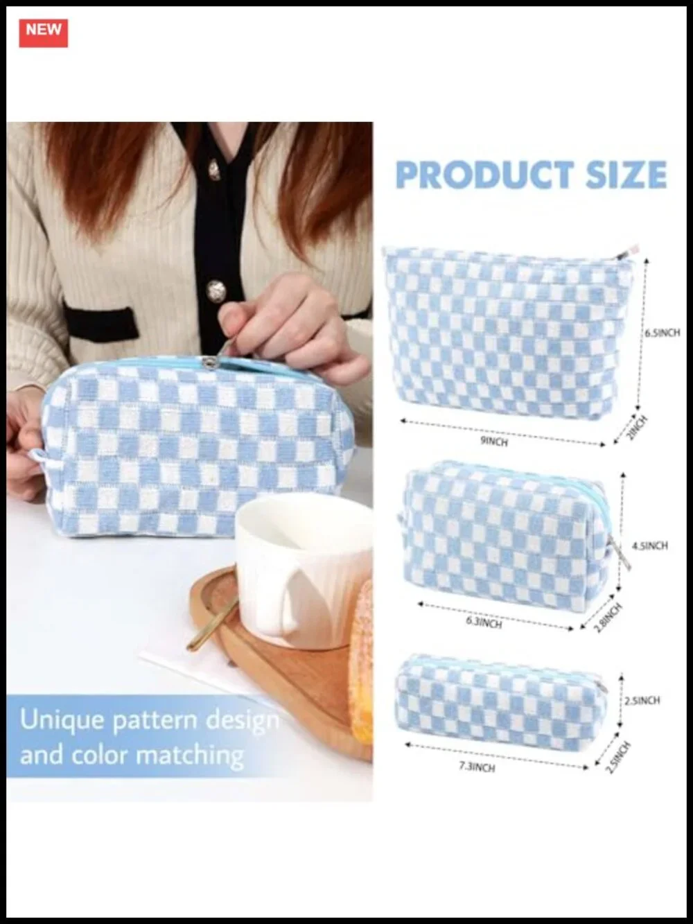 Checkered Canvas Makeup Bag Set of 3 Travel Toiletry Organizer Pouch for Women